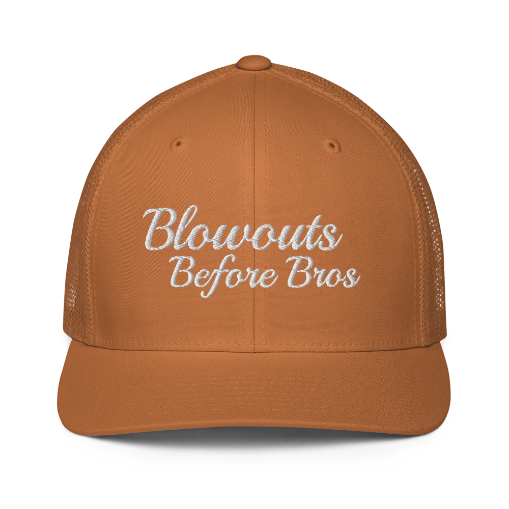 Brown trucker hat with 'Blowouts Before Bros' text embroidered in white on a white background