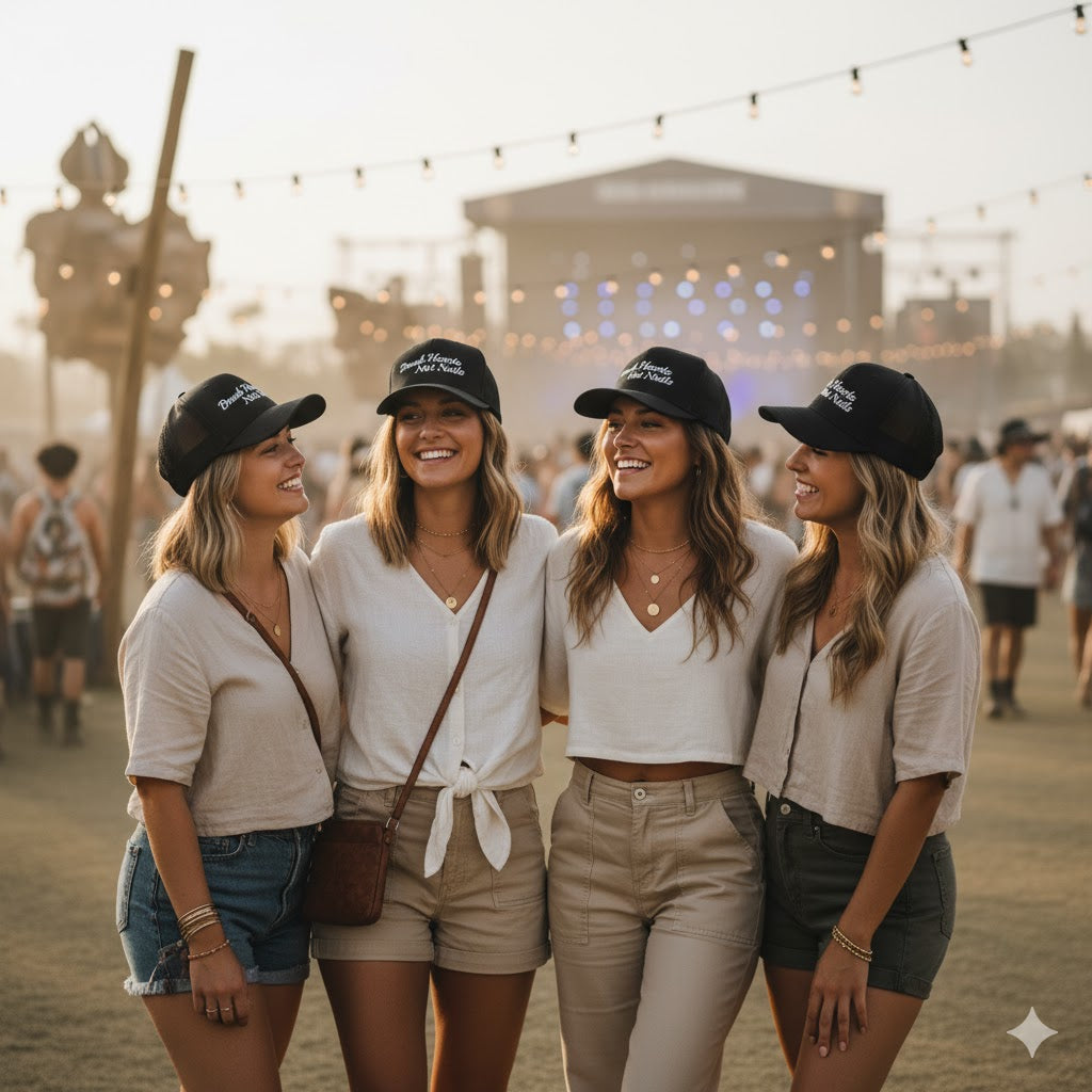 Four women wearing matching black hats with that say "break hearts not nails" at a music festival.