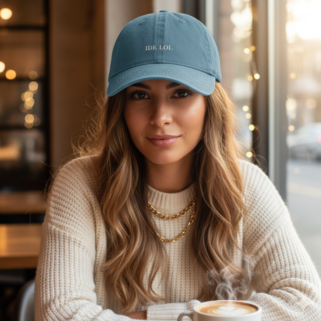 girl wearing denim baseball hat with 'IDK LOL' text embroidered in white