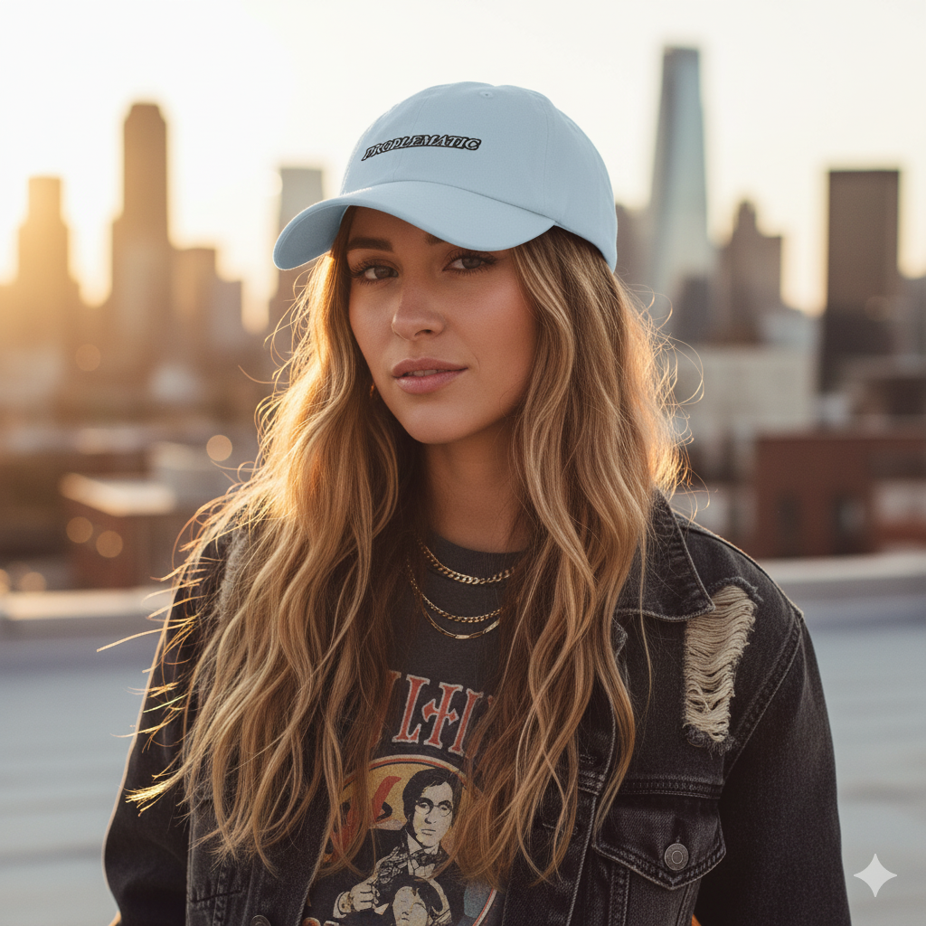Girl Wearing Light blue baseball hat with 'PROBLEMATIC' text embroidered. wearing an edgy and stylish outfit