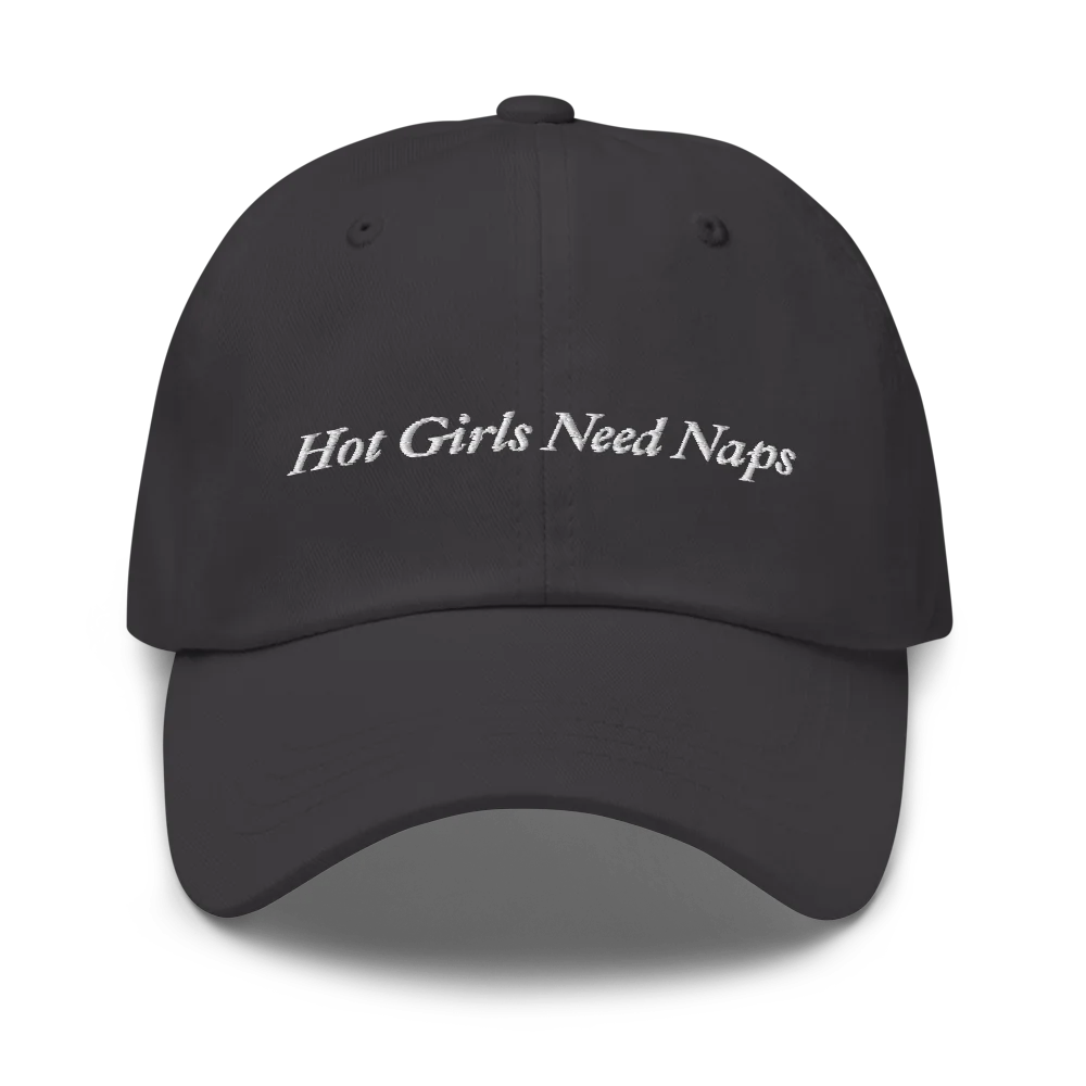 Gray Baseball hat with 'Hot Girls Need Naps' text embroidered in white on a white background