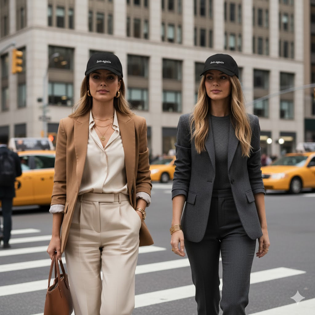 Two women walking on a city street wearing hats that say "late again" with a building and taxi in the background.