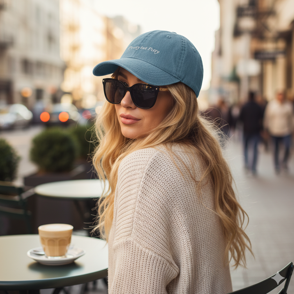 girl wearing Denim baseball hat with 'Pretty but Petty' text embroidered in white