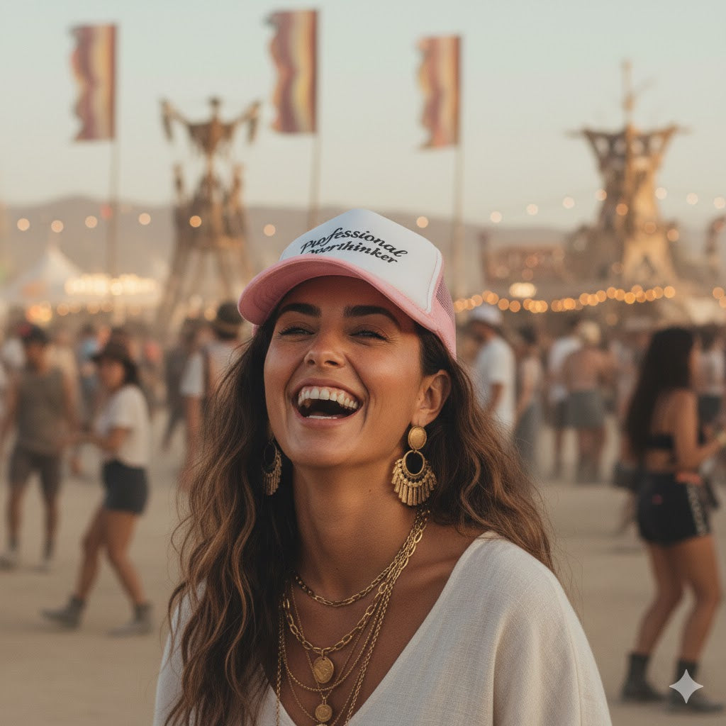 Woman wearing a pink and white trucker hat with text that says "professional overthinker" at a festival, surrounded by people and lights.