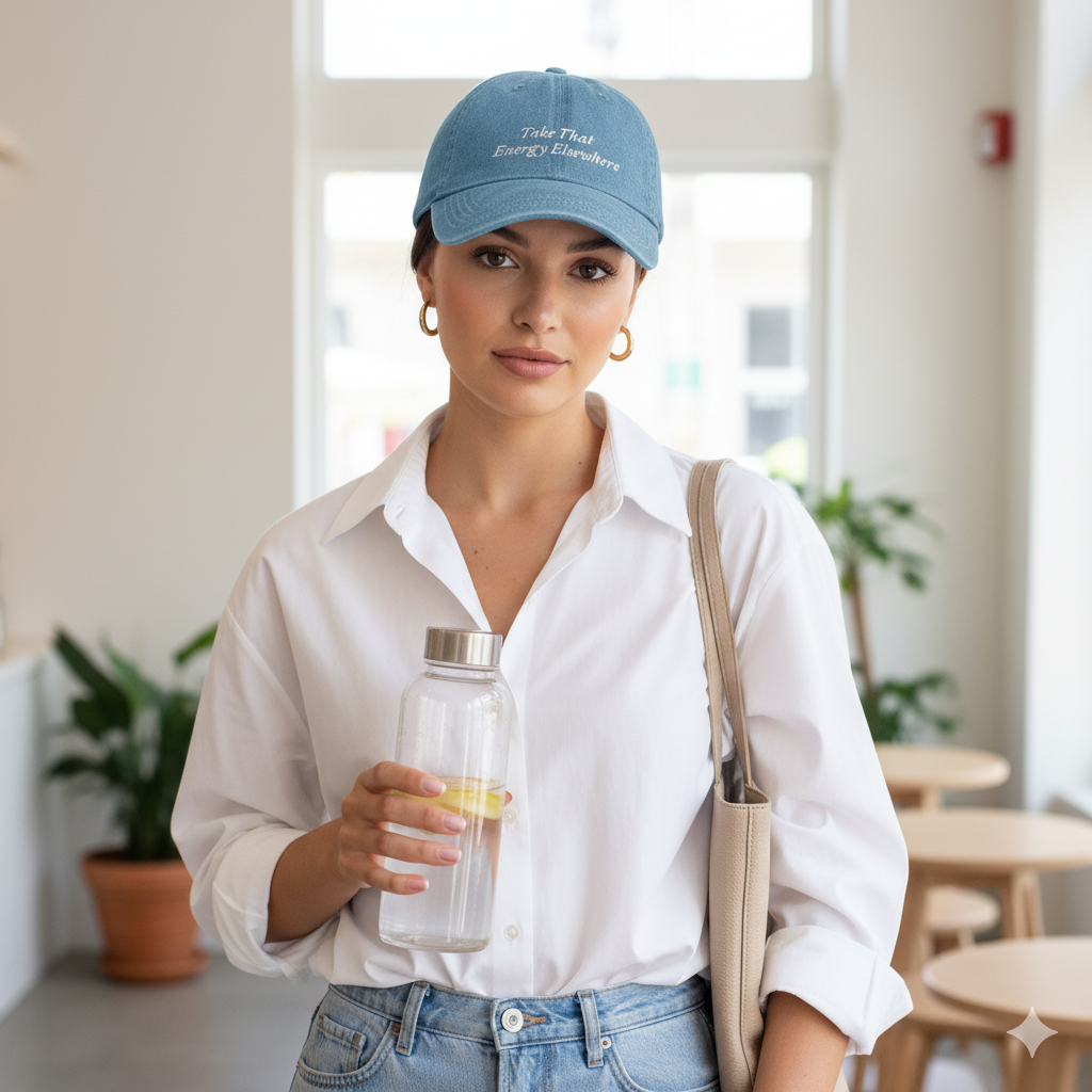 Girl wearing Denim baseball hat with 'Take That Energy Elsewhere' text embroidered in white. Clean Girl Aesthetic.