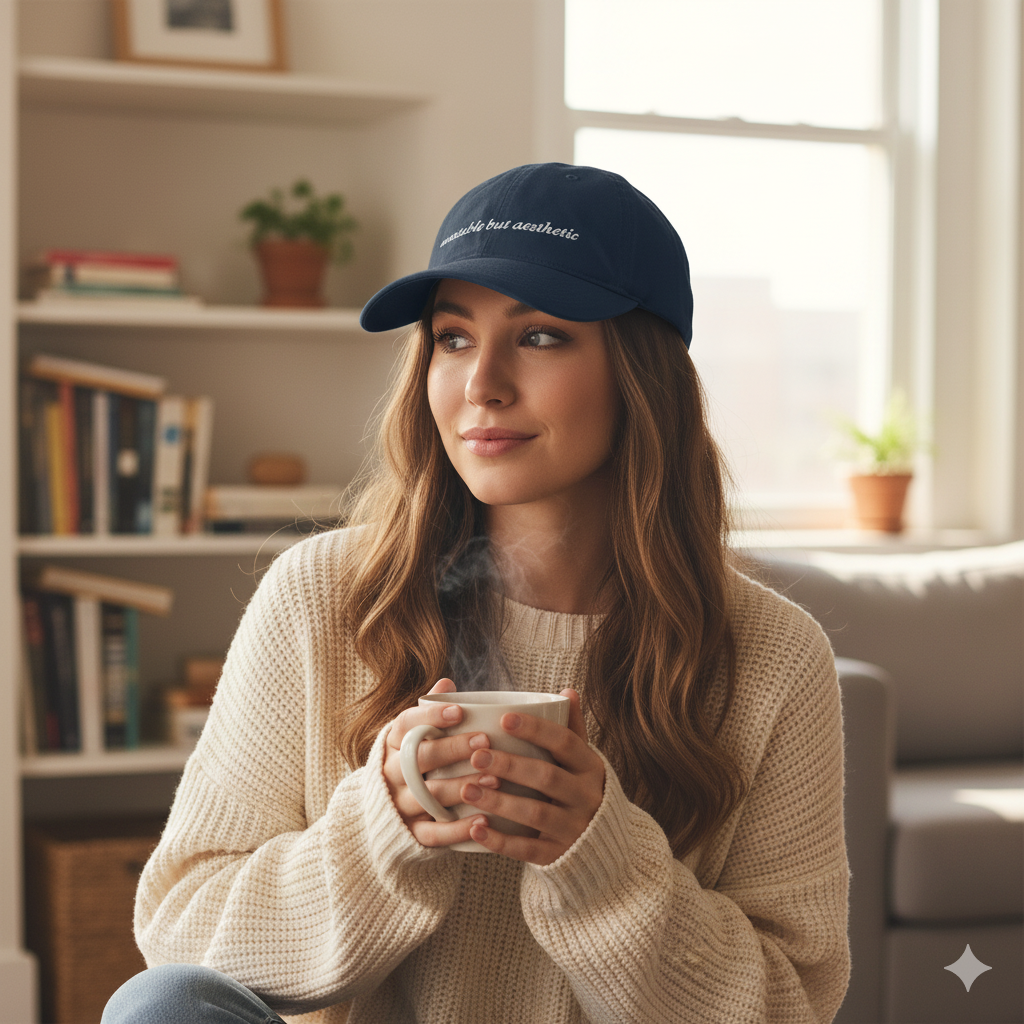 girl wearing Navy blue baseball hat with 'unstable but aesthetic' text embroidered
