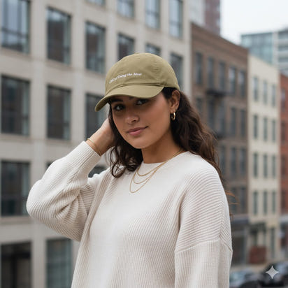 Woman wearing an olive cap that says 