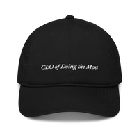 Black baseball hat with 'CEO of Doing the Most' text embroidered in white on a white background