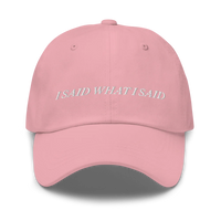 Pink baseball hat with 'I SAID WHAT I SAID' text embroidered in white
