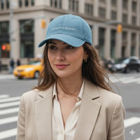 Woman wearing a denim hat that says "running late is my cardio" and beige blazer on a city street