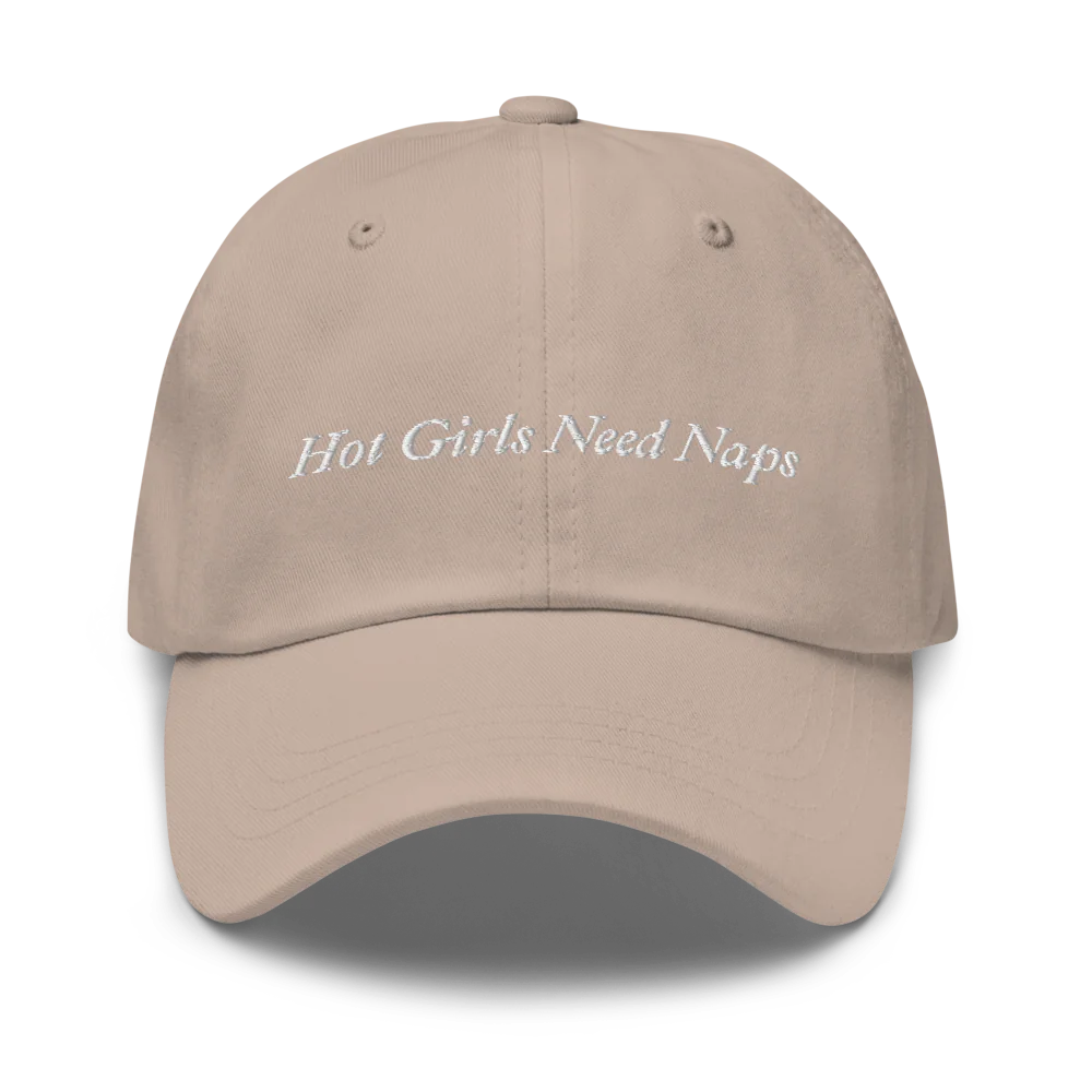 Beige Baseball hat with 'Hot Girls Need Naps' text embroidered in white on a white background