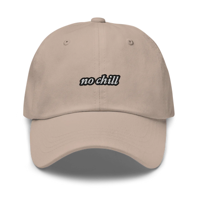 Beige baseball hat with 'no chill' embroidered text on a white background