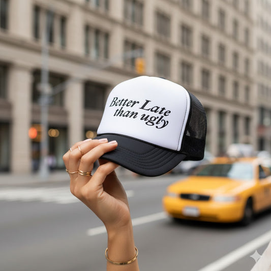 Hand holding a cap with 'Better Late than Ugly' text in an urban setting with a taxi in the background.