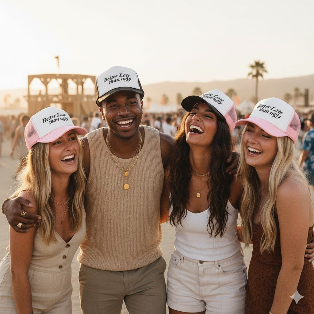 Group of four friends wearing matching pink and white hats with text that says "better late than ugly", standing together outdoors.
