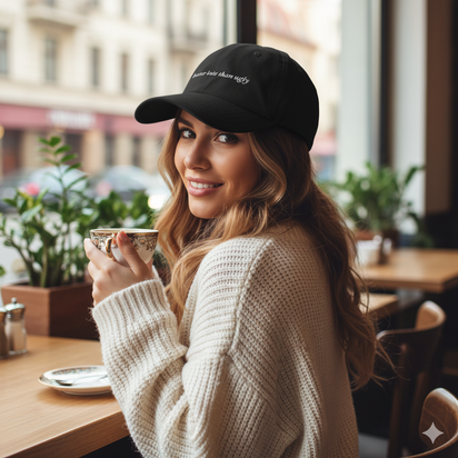 girl wearing Black baseball hat with 'better late than ugly' text embroidered in white 