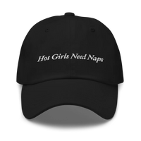 Black Baseball hat with 'Hot Girls Need Naps' text embroidered in white on a white background