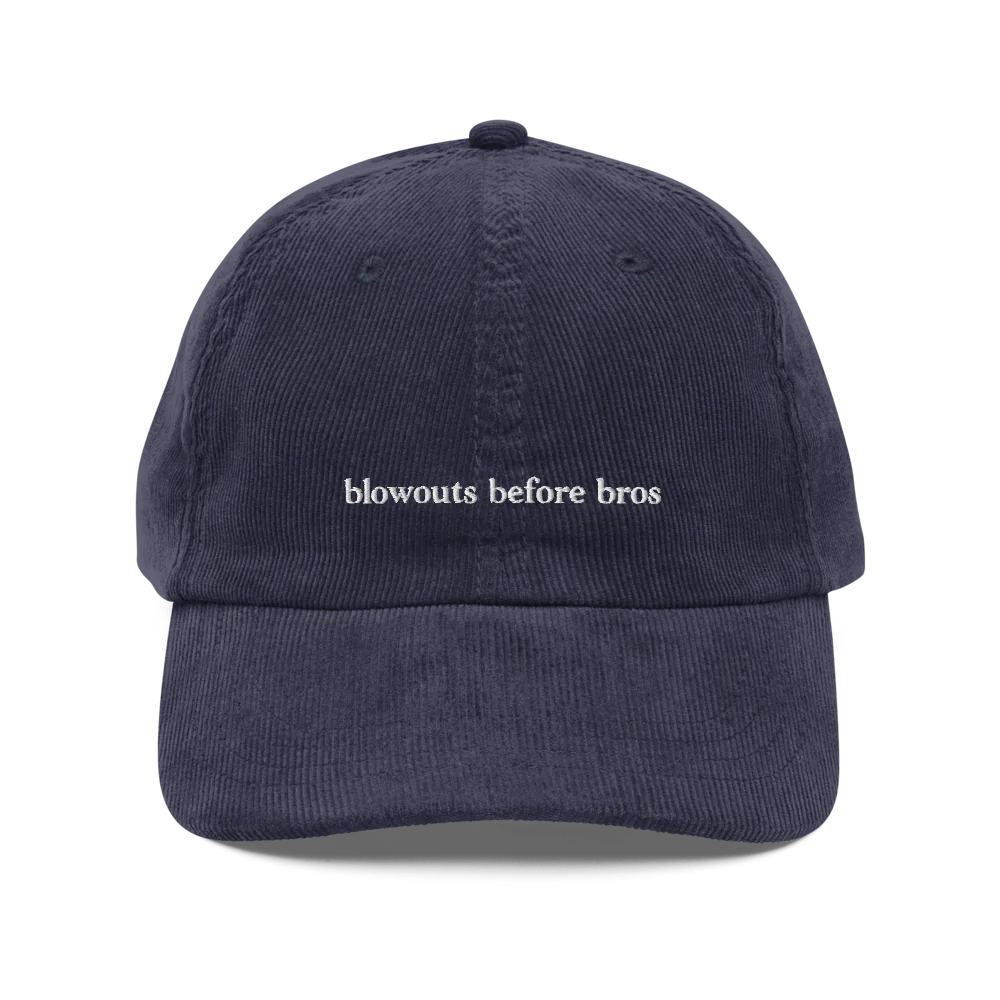 Blue corduroy baseball hat with 'blowouts before bros' text embroidered in white on a white background
