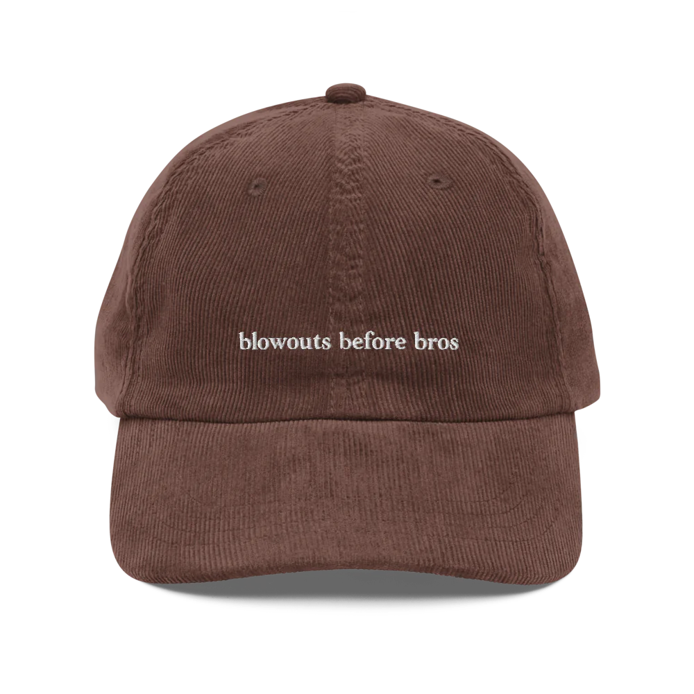 Brown corduroy baseball hat with 'blowouts before bros' text embroidered in white on a white background