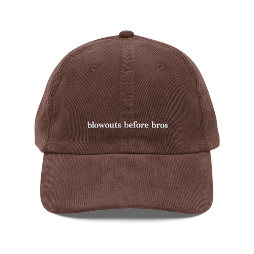 Brown corduroy baseball hat with 'blowouts before bros' text embroidered in white on a white background