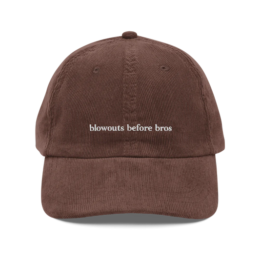 Brown corduroy baseball hat with 'blowouts before bros' text embroidered in white on a white background