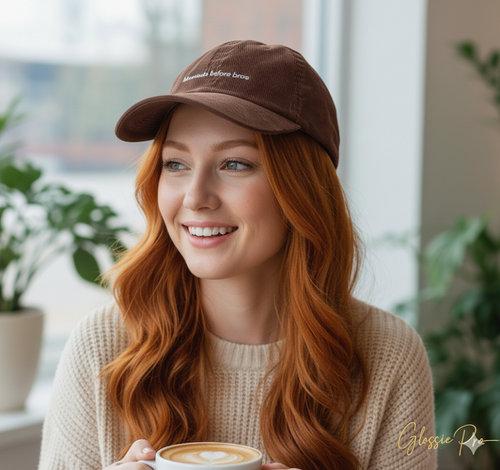 girl wearing brown corduroy baseball hat with 'blowouts before bros' text embroidered in white on a white background