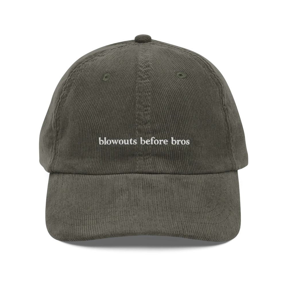 Green corduroy baseball hat with 'blowouts before bros' text embroidered in white on a white background