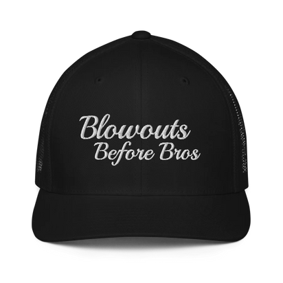black trucker hat with 'Blowouts Before Bros' text embroidered in white on a white background