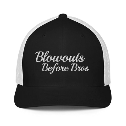 black and white trucker hat with 'Blowouts Before Bros' text embroidered in white on a white background