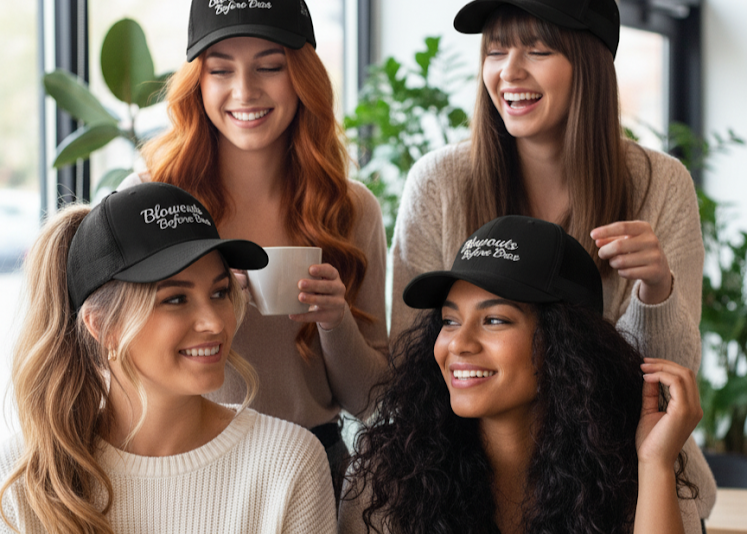 girls wearing black trucker hat with 'Blowouts Before Bros' text embroidered in white on a white background