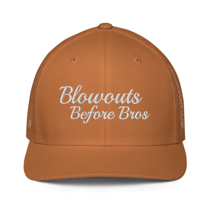 Brown trucker hat with 'Blowouts Before Bros' text embroidered in white on a white background