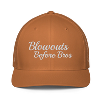 Brown trucker hat with 'Blowouts Before Bros' text embroidered in white on a white background