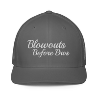 gray trucker hat with 'Blowouts Before Bros' text embroidered in white on a white background