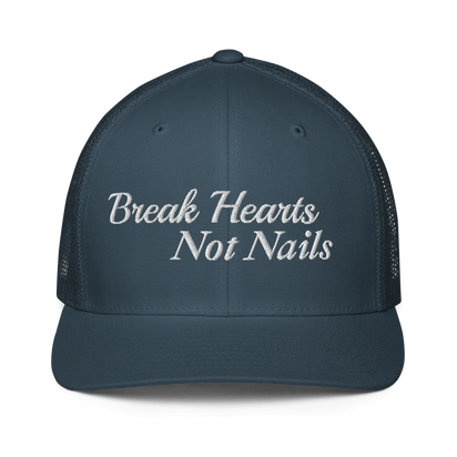 blue trucker hat with 'Break Hearts Not Nails' text embroidered in white on a white background