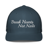 blue trucker hat with 'Break Hearts Not Nails' text embroidered in white on a white background