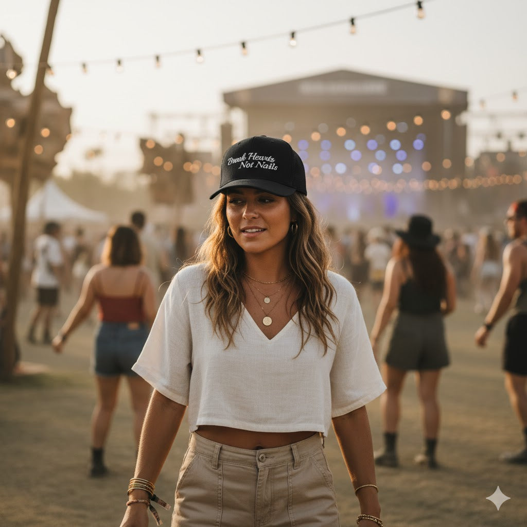 Woman wearing a black hat that says "break hearts not nails"  and white shirt at a music festival with blurred people and lights in the background.