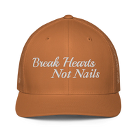brown trucker hat with 'Break Hearts Not Nails' text embroidered in white on a white background