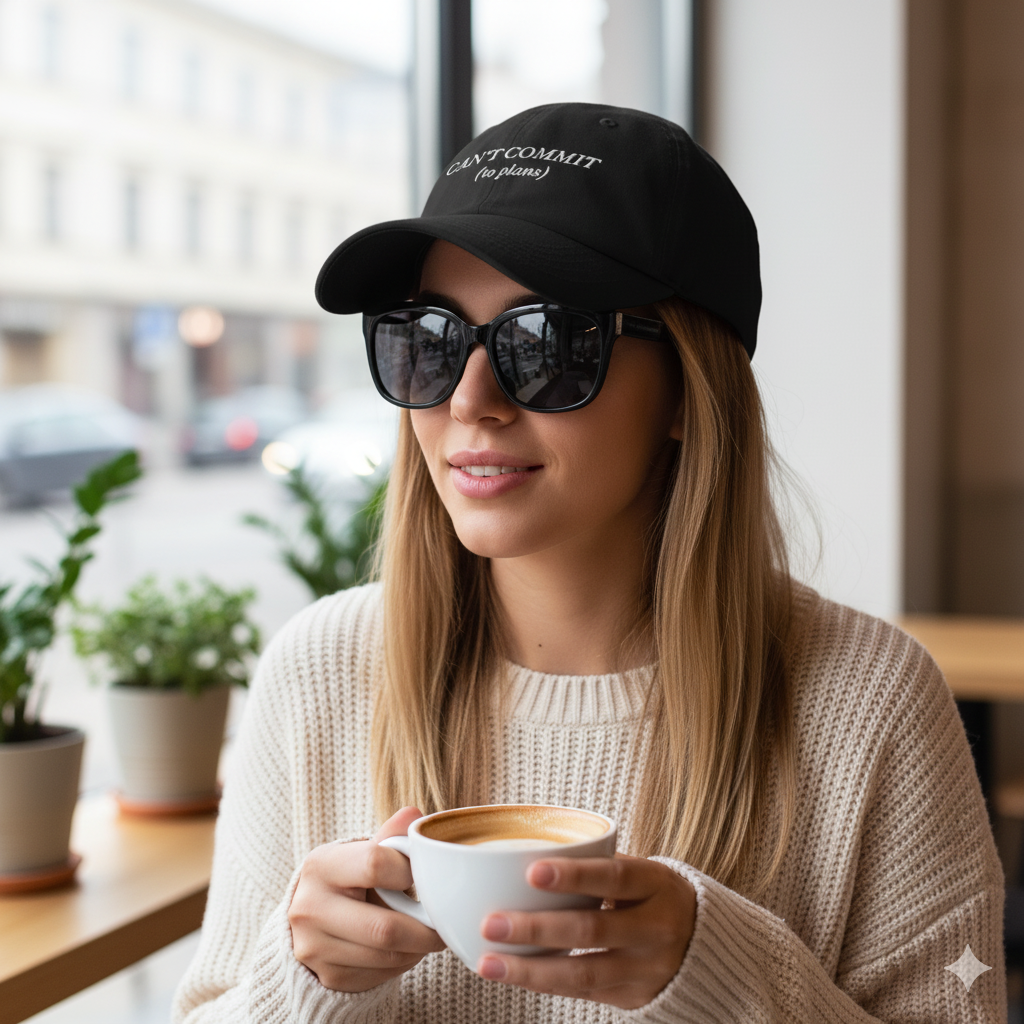 woman wearing Black cap with text 'CAN'T COMMIT (to plans)' embroidered in white 