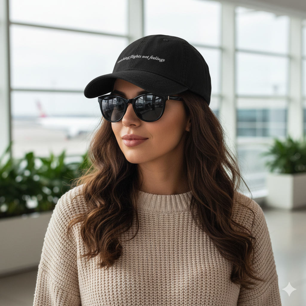 Woman wearing Black denim baseball hat with 'catching flights not feelings' text embroidered in white on a white background