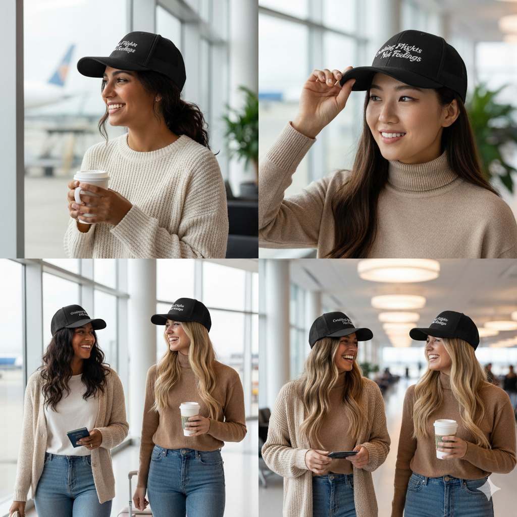 collage of girls wearing Black trucker hat with 'Catching Flights Not Feelings' text embroideredin white  on a white background