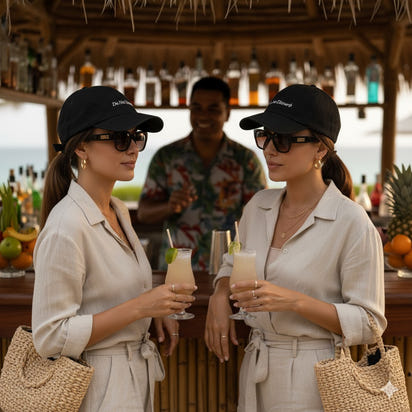 Two women in matching outfits and hats that say 