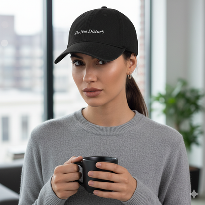 Girl Wearing Black denim baseball hat with 'Do Not Disturb' text embroidered in white on a white background