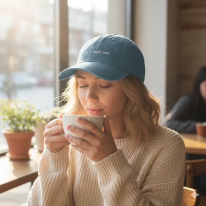girl with blonde hair wearing Blue denim baseball hat with 'don't rush me' text embroidered in white 