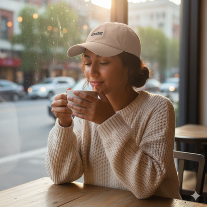 Girl wearing Beige baseball hat with 'no chill' embroidered text on a white background