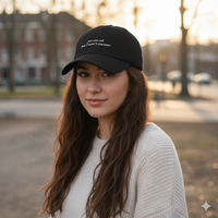Girl with long hair wearing a Black baseball hat with white embroidered text 'you can call but I won't answer' on a white background