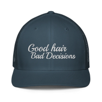 blue trucker hat with 'Good hair Bad Decisions' text embroidered in white on a white background