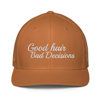 brown trucker hat with 'Good hair Bad Decisions' text embroidered in white on a white background