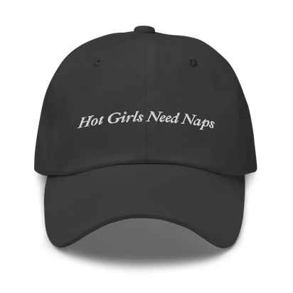 Gray Baseball hat with 'Hot Girls Need Naps' text embroidered in white on a white background