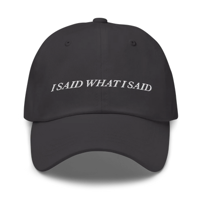 Dark Gray baseball hat with 'I SAID WHAT I SAID' text embroidered in white