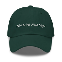 Dark Green Baseball hat with 'Hot Girls Need Naps' text embroidered in white on a white background