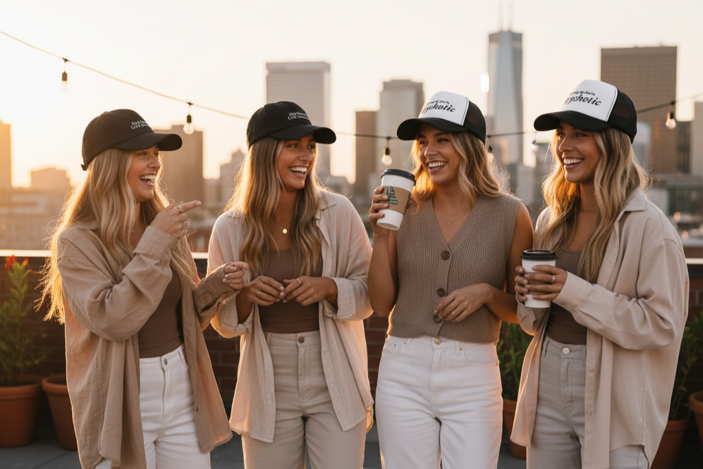 Four women in matching outfits with coffee cups on a rooftop with city skyline. trendy viral hats